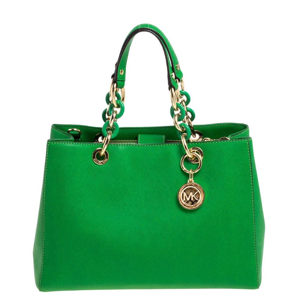 MICHAEL KORS Cynthia Green Saffiano Leather Chained Shoulder Bag + Strap